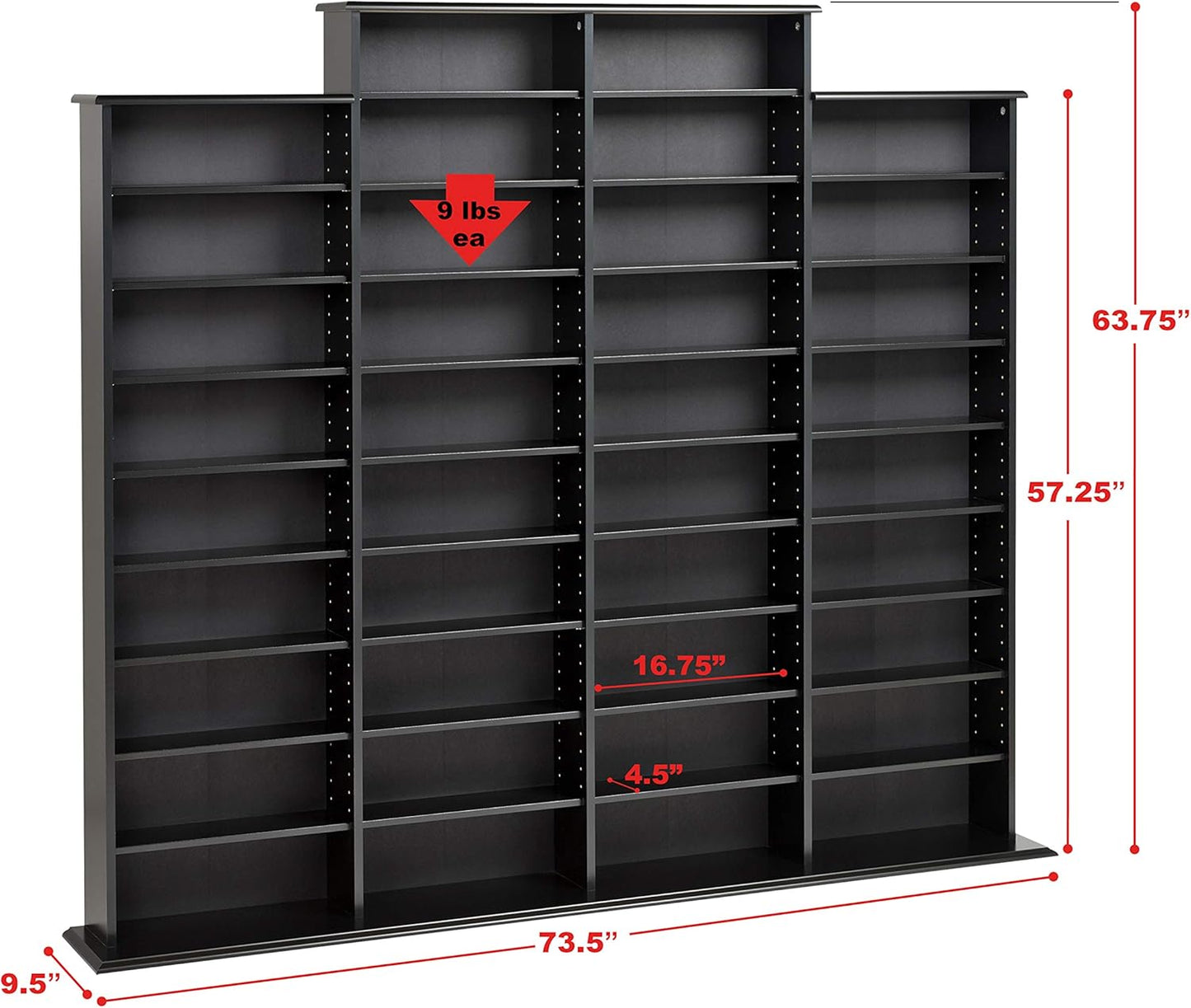 Prepac 4 Column Tall Cabinet Media Storage, 73.5" Wide, Black