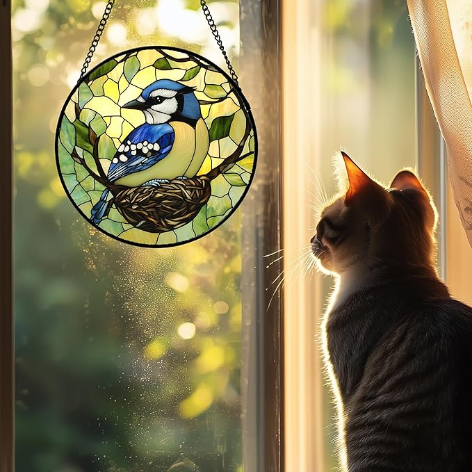 Stained Glass Window Hanging 4 Pcs Set Bird Theme On Branch 9.8" - Cardinal Suncatcher Door Garden Sun Catcher Decor Birthday Christmas for Mom Woman Nana Men