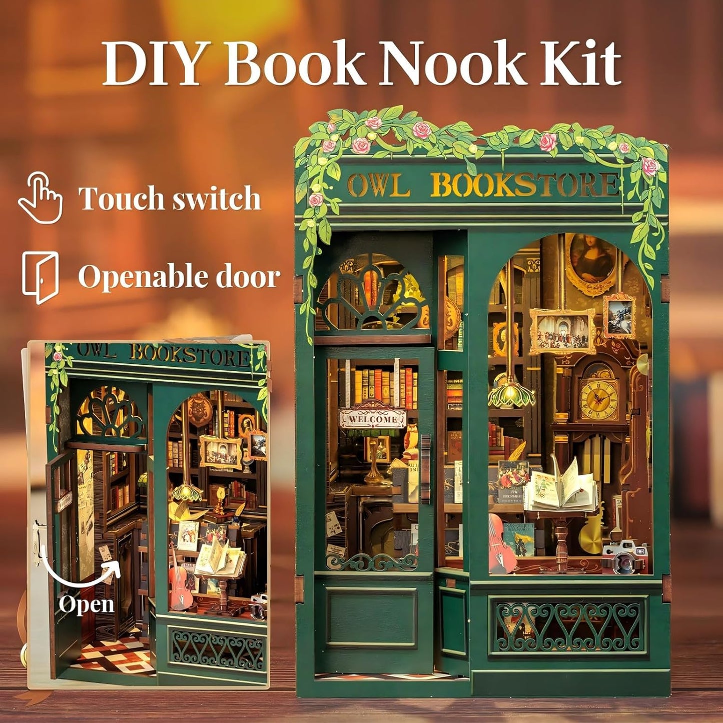 Fsolis Book Nook Kit, DIY Scene Miniature House Kit Tiny House Mini Booknook Craft Bookshelf Decor, 3D Puzzles for Adults, 139 Wooden Pieces, Scale Library Model, Gifts for Book Lovers（OWL Bookstore）