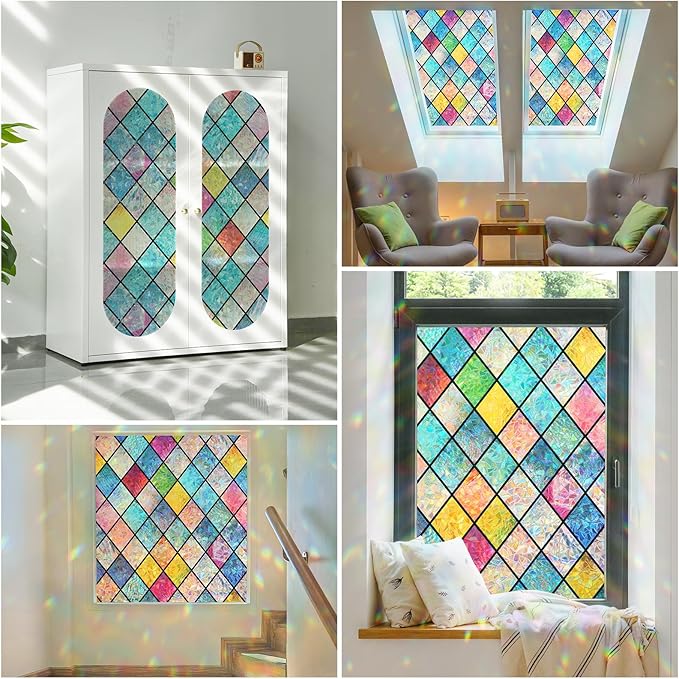 Haton Stained Glass Window Film, Rainbow Window Privacy Film, Decorative Sun Blocking Glass Clings Stickers, Static Cling Colorful Lattice Coverings Decals for Home Door 35.4" x 78.7"