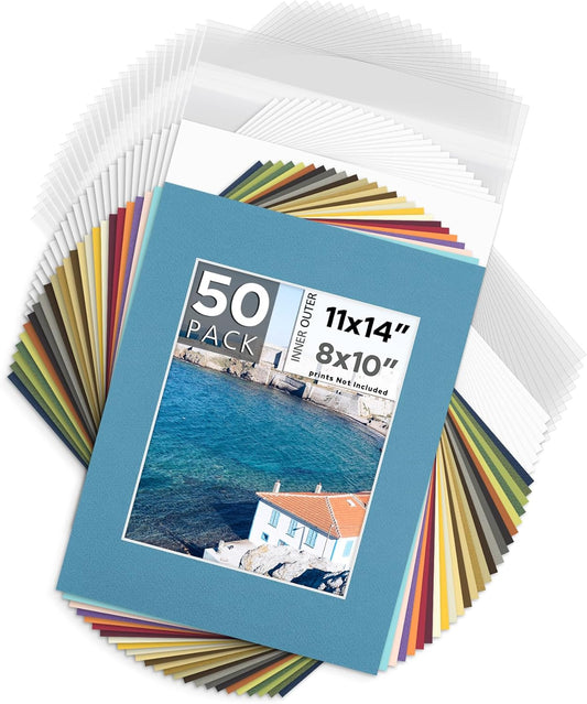 Mat Board Center, Pack of 50, 11x14 for 8x10 Mix Color Mat Kit - Acid Free, 4-ply Thickness, White Core - Includes Backing Boards and Clear Bags - for Pictures, Photos, Framing