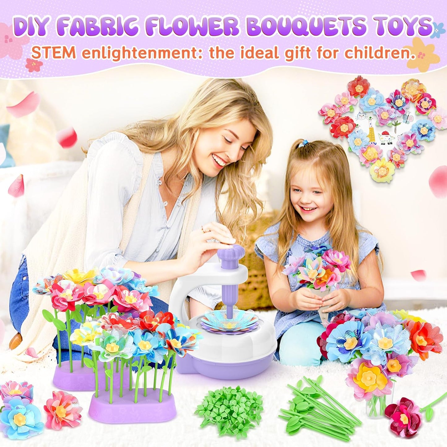 GirlsHome 300+PCS Fabric Flower Bouquets Toys, DIY Flower Crafts Kits for Kids, Arts and Crafts for Kids Ages 6-8 Girls, Build Flower Bouquet, STEM Educational Toy Preschool Gifts (White Purple)