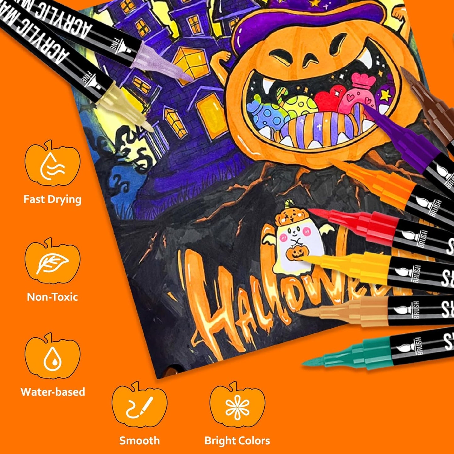 120 Colors Acrylic Paint Markers, Dual Tip Fine Tip and Brush Tip Pens Contain 24 Metallic Color for Stone, Wood, Calligraphy, Canvas, Ceramic, Metal, Glass, Rock Painting, DIY Crafts