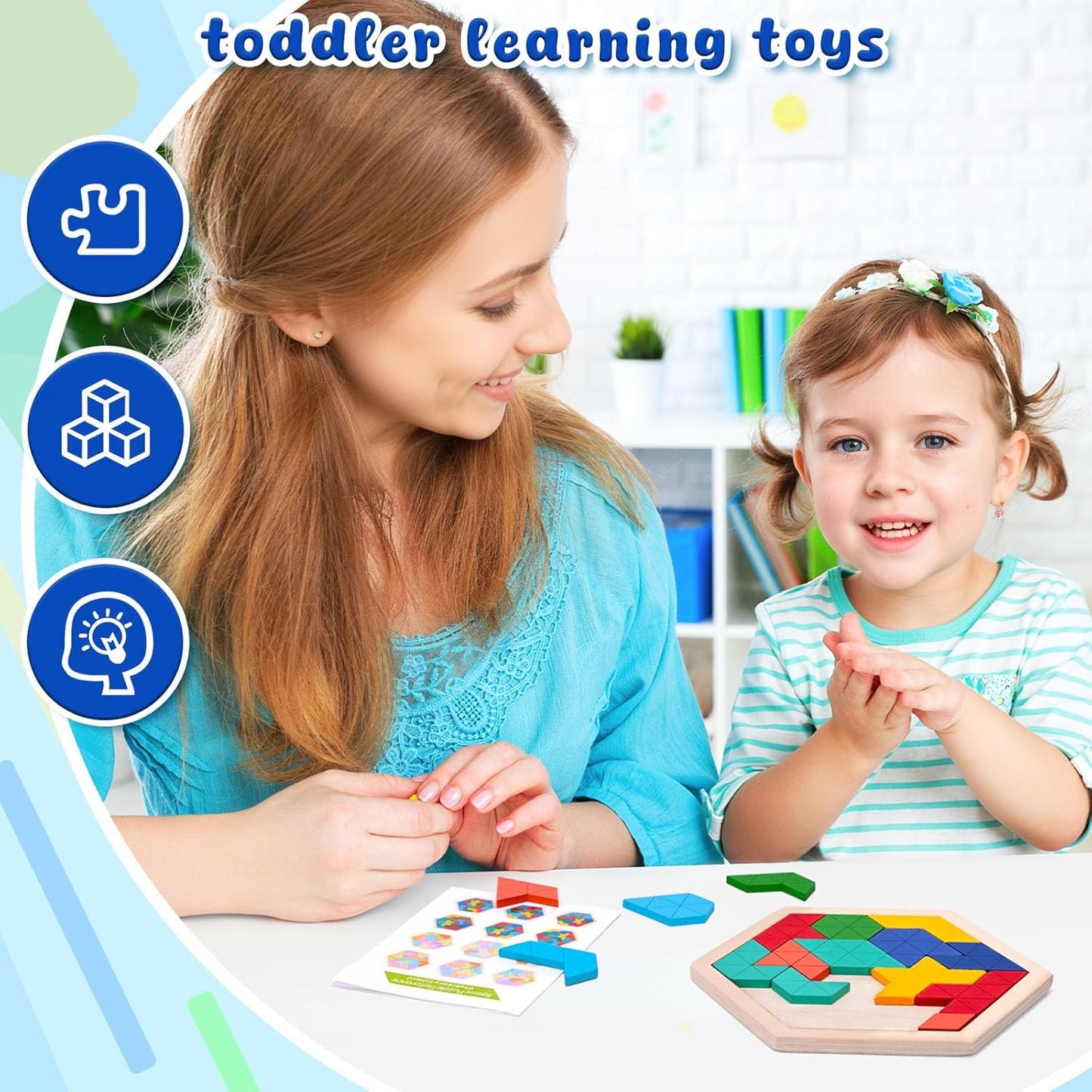 3 otters Wooden Puzzles for Kids, Educational Brain Teaser Game, Shape Sorting Board with Guide Book, Montessori Learning Toys