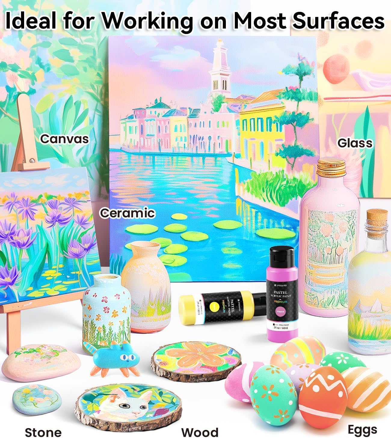 64 PCS Pastel Acrylic Paint Set with 12 Brushes, 2 Knives & Palette, 48 Colors (2oz/60ml) Art Craft Paint for Adults Kids Artists Beginners, Halloween Pumpkin Canvas Ceramic Rock Painting Kit