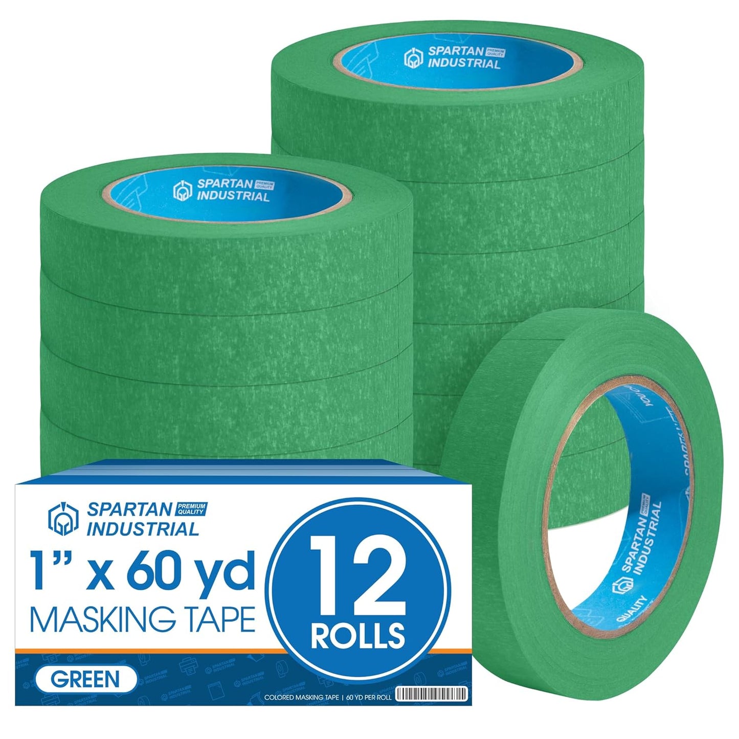 Spartan Industrial - 1" X 60 yd Green Masking Tape - 12 Colored Tape Rolls for Bundling, Labeling, and More - No Residue, 5.5 Mil