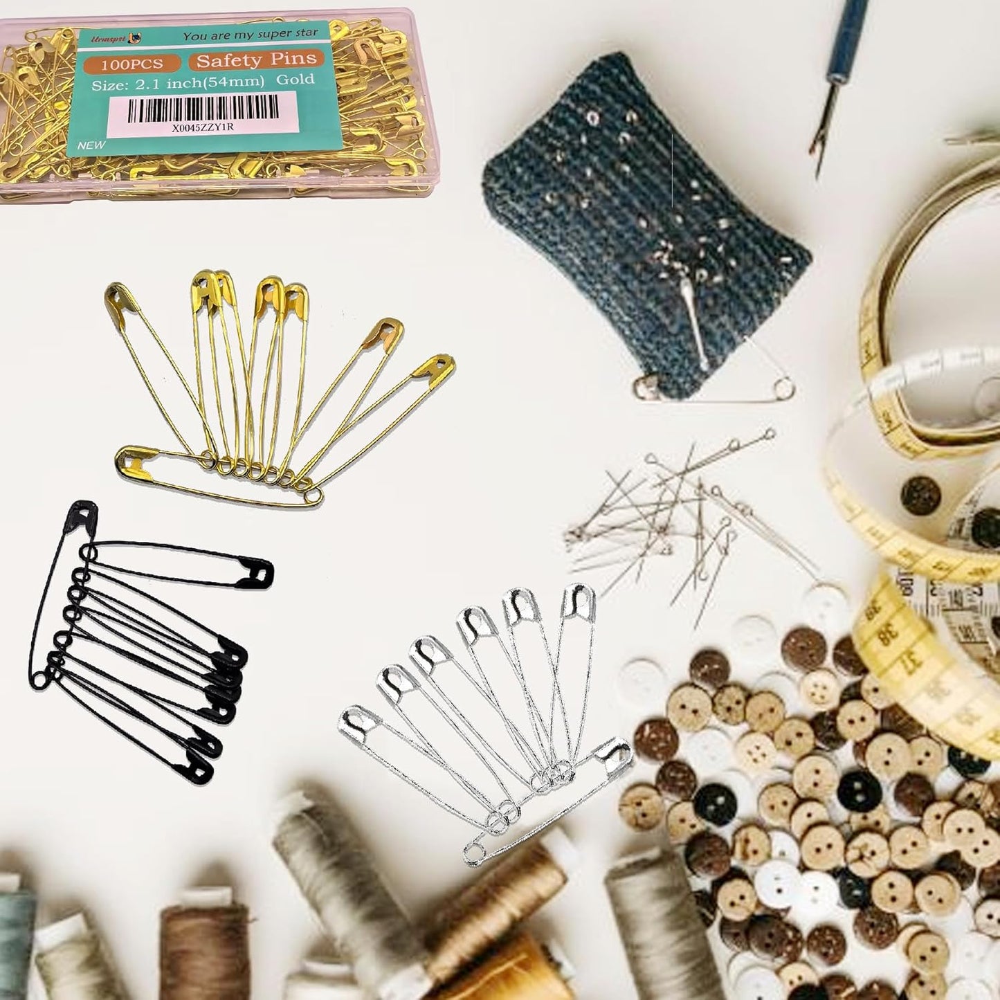 100PCS Safety Pins, 2.1 inch Small Safety Pins, Rust-Resistant Nickel Plated Steel, Sharp Edge Safety Pin for Clothes, Sewing, 54mm Decorative Safety Pins Assorted (Gold)