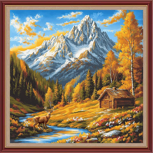 DMCXART Counted Cross Stitch Kits for Adults Needlepoint Kits Unprinted Cross Stitching Embroidery Kit 11CT Cross Stitch Supplies-Autumn Scenery Mountains Rivers 18x18 inch
