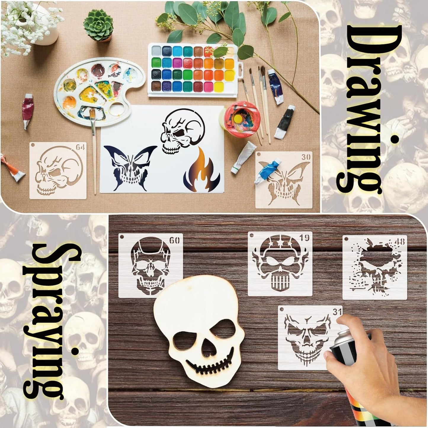 Small Stencils for Painting on Wood Reusable, 3 Inch Reusable Stencil for Craft Ornament Paint Template Stencils for Wall Card Rock Wood Signs Coasters Canvas Home Decor (Skull)
