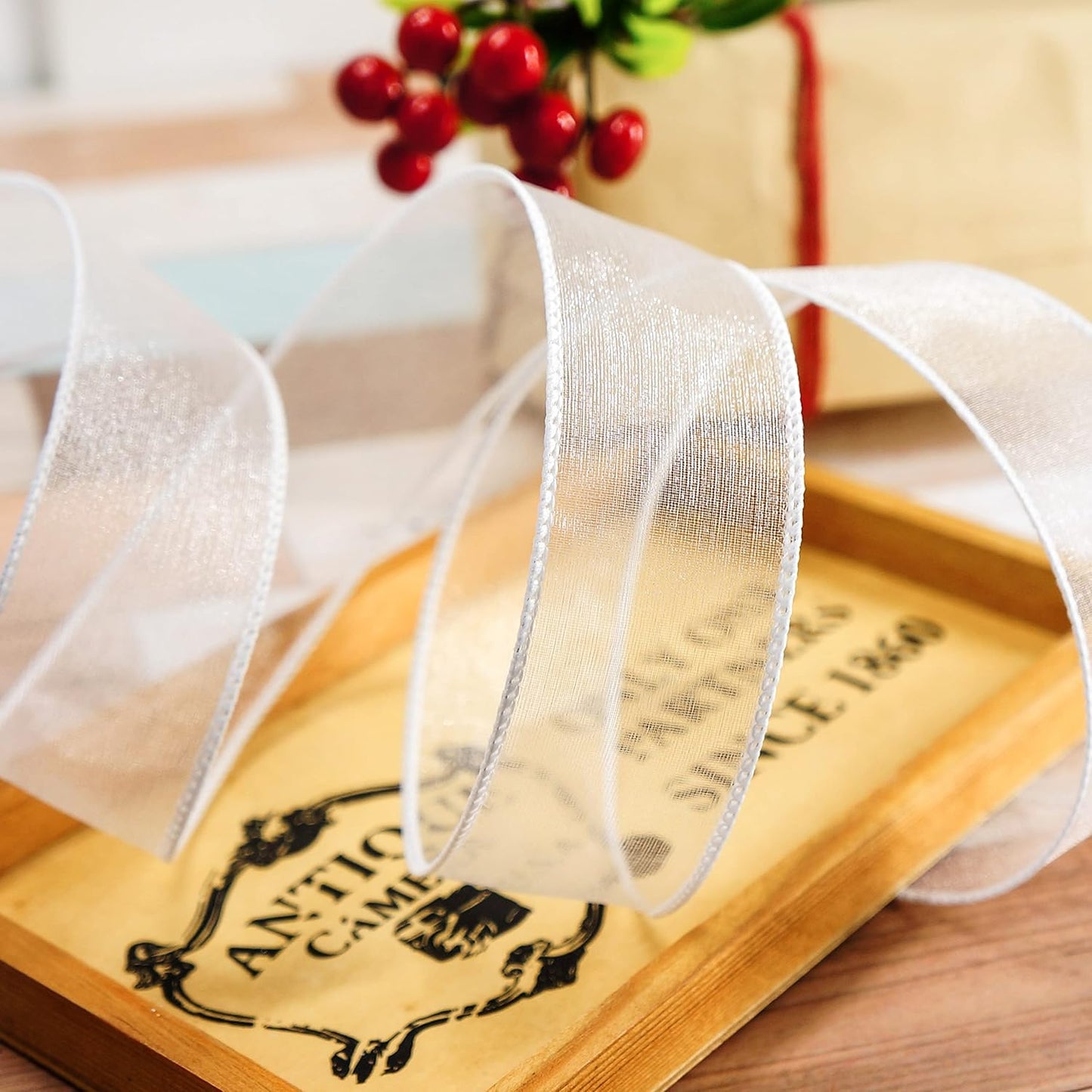 CT CRAFT LLC Sheer Organza Wired Ribbon 1.5" x 50Yards White for Wedding Chair Bow Flora Bouquet Gift Wrapping Christmas Tree Home Decor Wreath