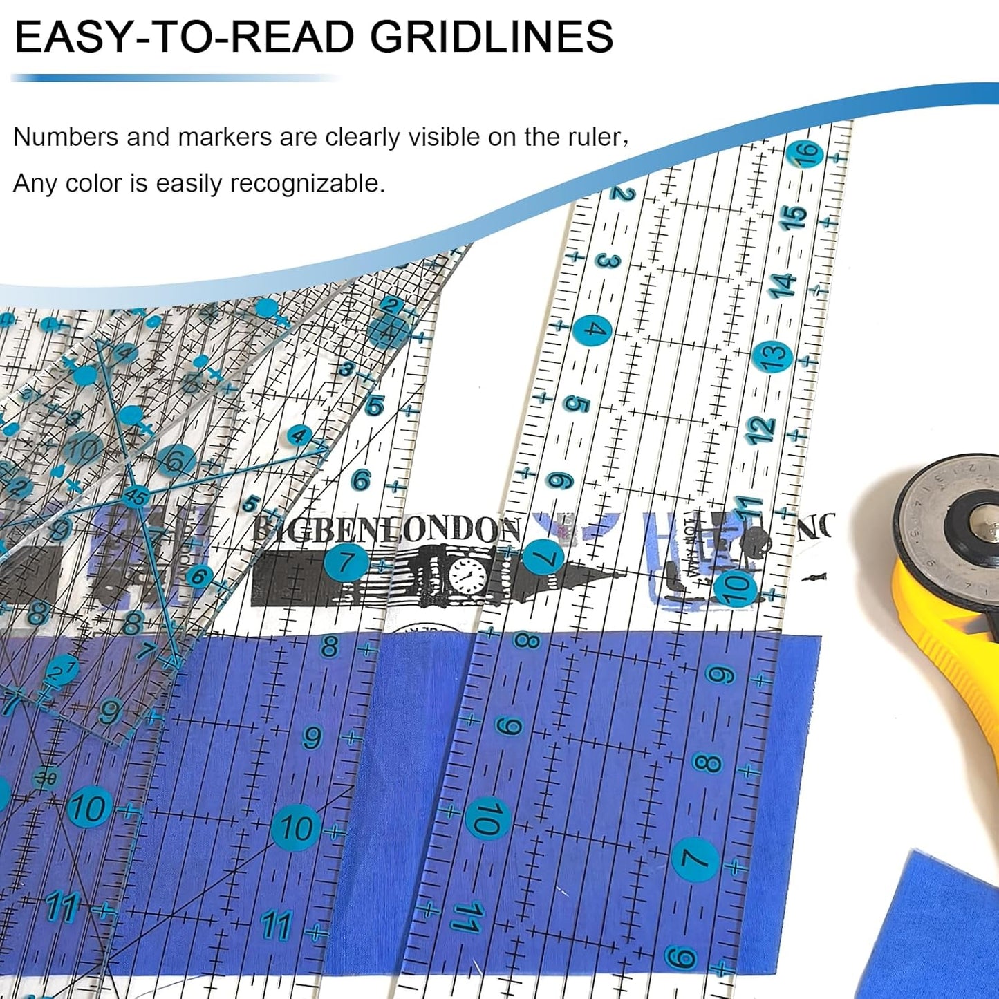Quilting Ruler, Sewing Ruler, 8 Pack, Acrylic Quilting Templates(6"x17", 3"x17", 2"x16", 1.5"x12", 1"x12", 1"x6", 8"x3"), Non Slip Rings 25 Pieces, Sewing and Quilting Supplies - Clear/Blue