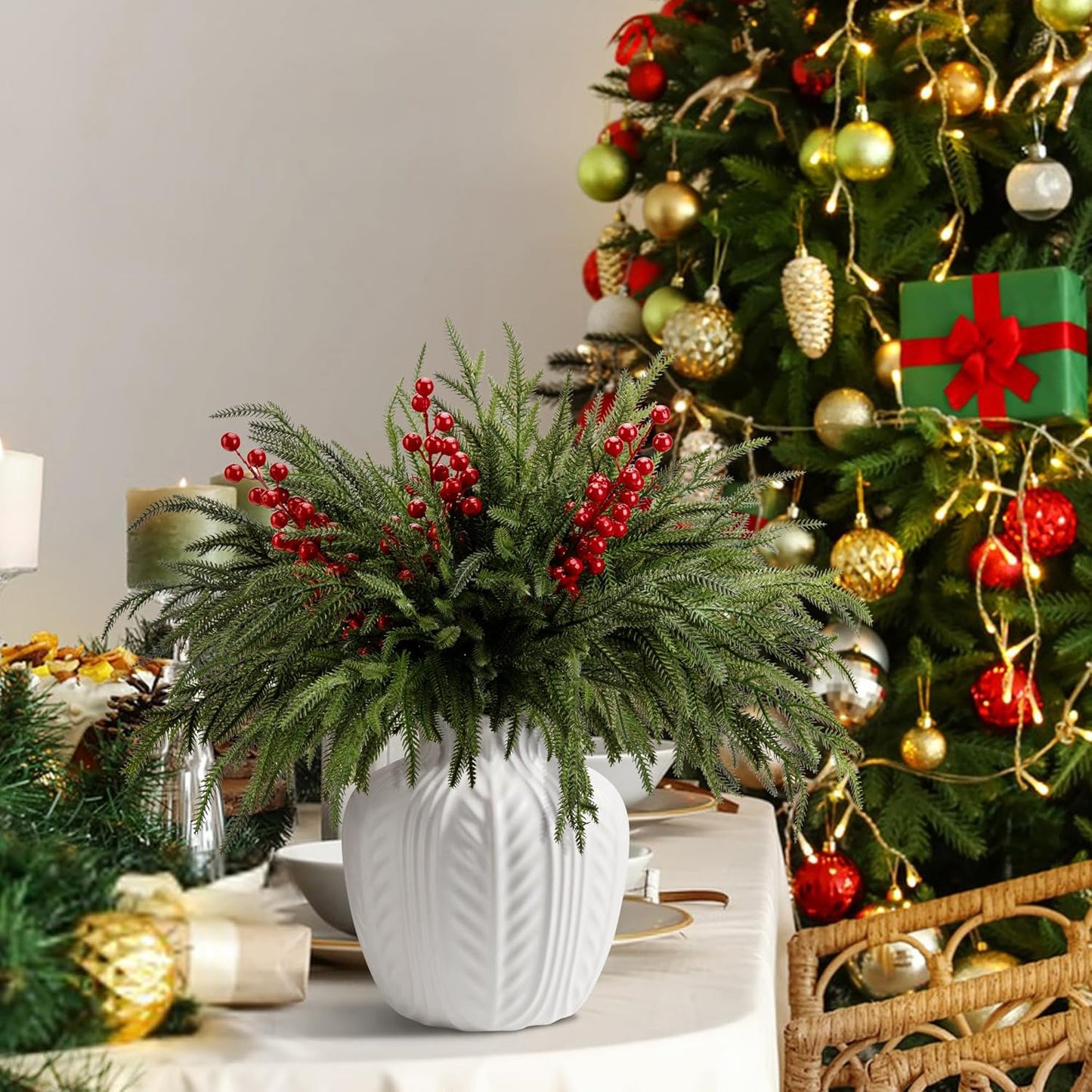 15 Pcs Christmas Norfolk Pine Branches with Red Berry Stems, 19" Extra Long Fake Greenery Norfolk Pine Stems Sprigs, Artificial Xmas Branches Plants Pine Leaves for DIY Craft Garland Home Decor