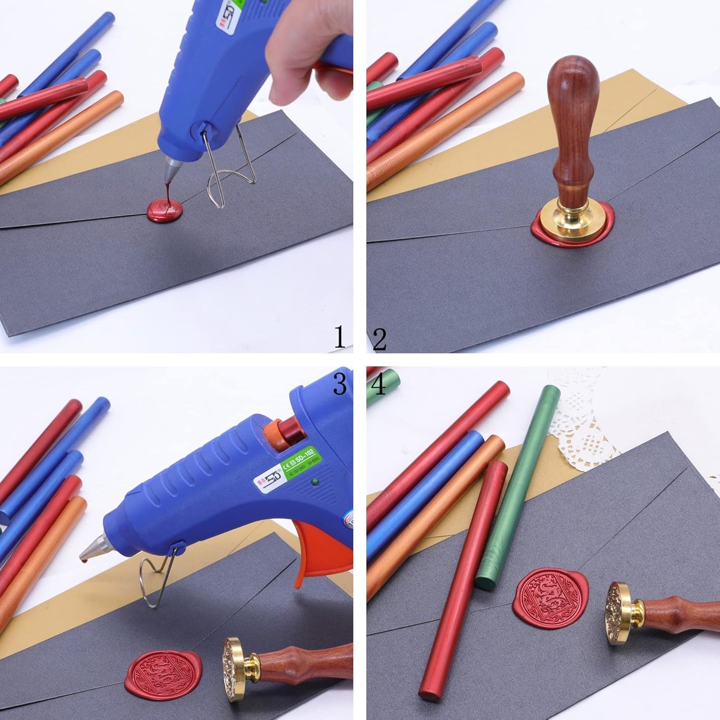SWANGSA 20 Pieces Glue Gun Sealing Wax Sticks Metallic Gold Red Green Blue for Wax Seal Stamp, Great for Wedding Invitations, Cards, Envelopes, Wine Packages, Gift Wrapping (Mixed Color)