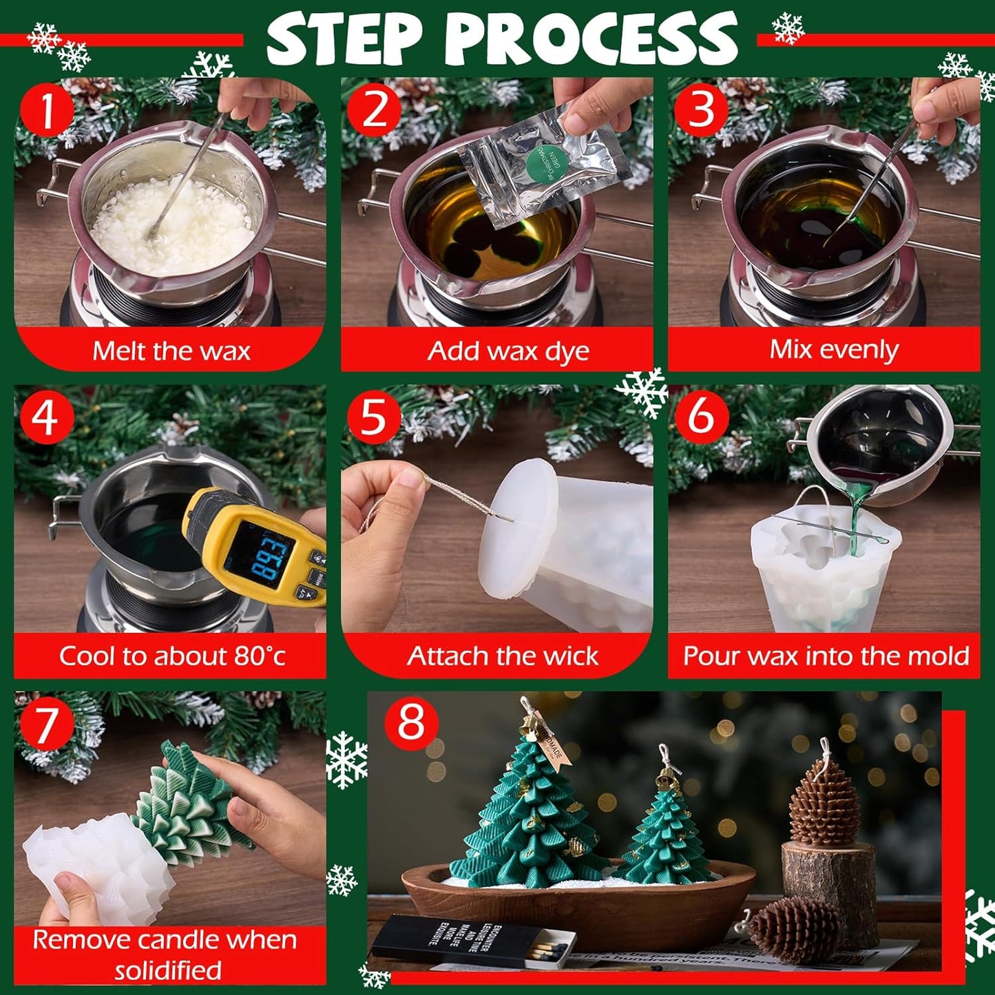 KDW Soy Wax Beads for Candle Making Christmas Tree Silicone Mold Large+Small 3D Candle Molds and Pine Cone Silicone Mould Accessories Set Christmas Gift for Friends and Family