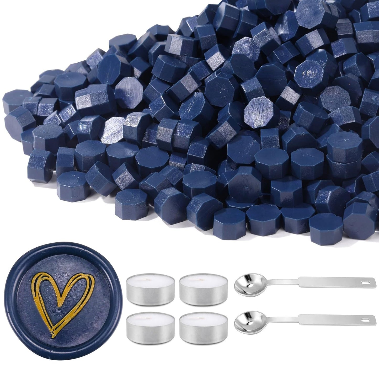 Yoption 360Pcs Navy Blue Sealing Wax Beads with 2 Spoons and 4 Tea Candles for Wax Seal Stamps, Cards, Wedding Invitations, Wine Packaging, Gift Wrap, Envelopes