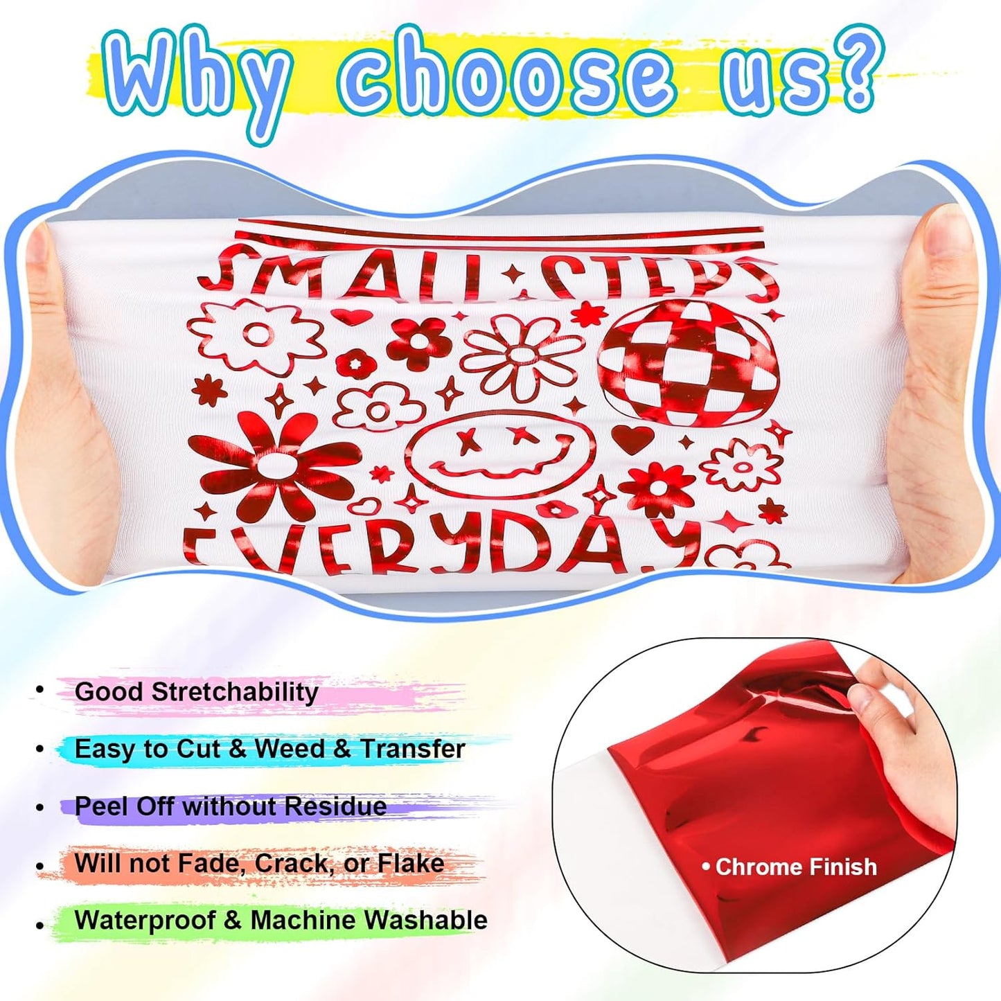 VINYL FROG Metallic Foil HTV Vinyl Roll 12" x12ft Red Chrome Heat Transfer Vinyl Iron on Vinyl Easy to Cut & Weed DIY Heat Press Design for T-Shirts