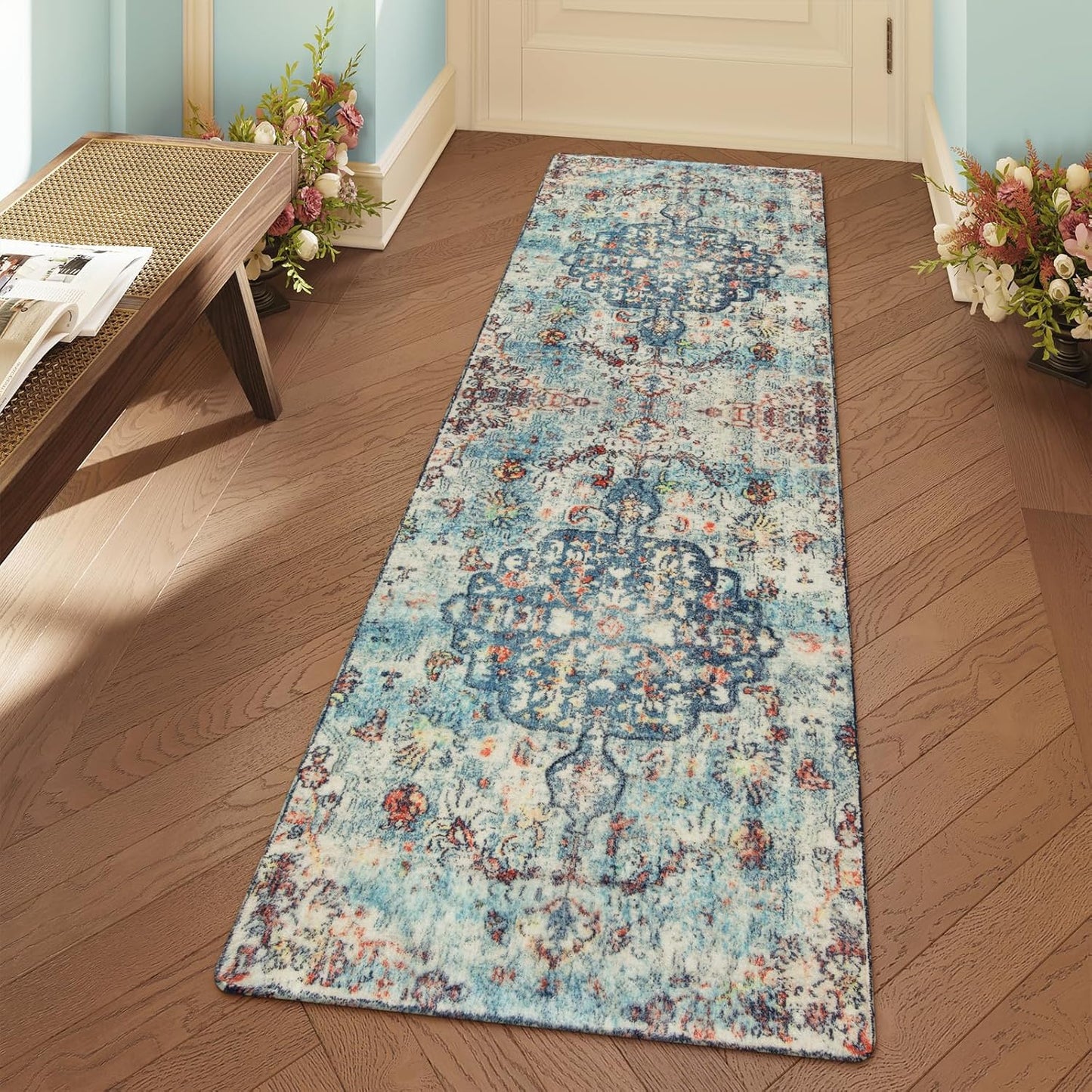 Lahome Bohemian Floral Medallion Runner Rug - 2x6 Hallway Laundry Rug Runner Washable Kitchen Sink Mat Distressed Turkish Non-Slip Soft Bedside Carpet for Doorway Bedroom, Vintage Teal/Multi