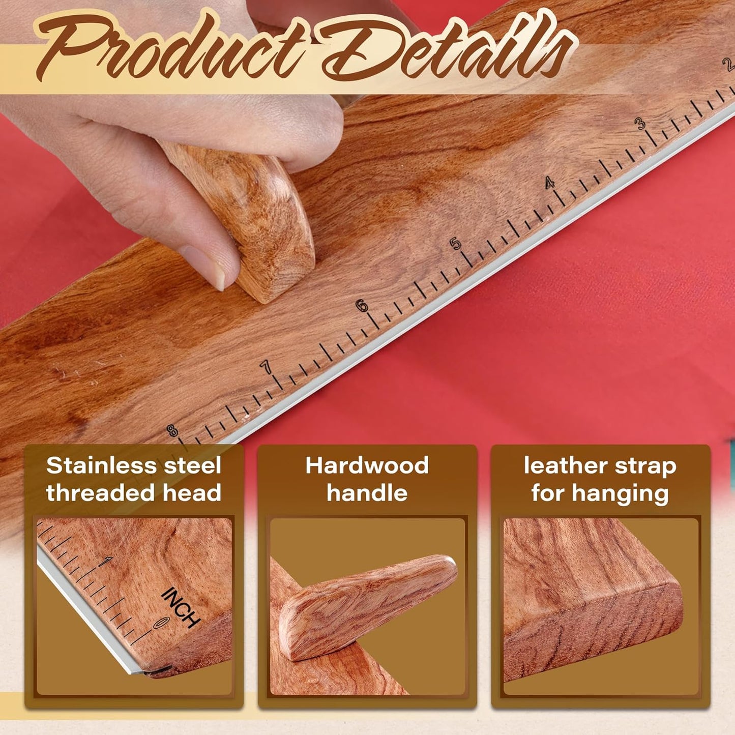 SAVINA Safety Ruler with Handle & Stainless Steel Edge - 13in Handmade Hardwood Ruler for Quilting, Sewing, Fabric, Paper & Leather Crafts - Comfortable Grip for Precision Tailoring & DIY Projects