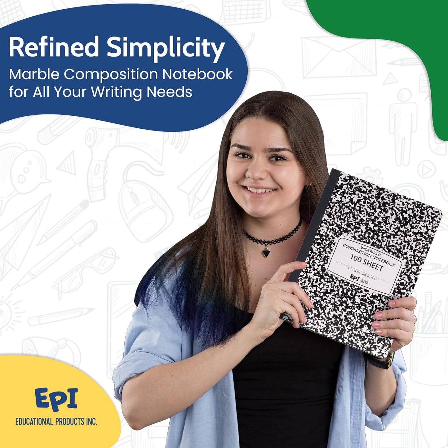 EPI Marble Hardcover Wide Ruled Composition Notebook | 200 Pages (100 Sheets), 9.75 x 7.5 in, Sturdy Sewn Binding | School, Office, Journaling, Notes - 6 Pack