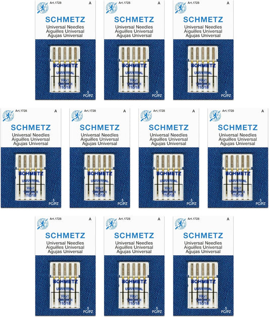 SCHMETZ Universal Sewing Machine Needles - Size 110/18, 5-Needle Cards, Pack of 10