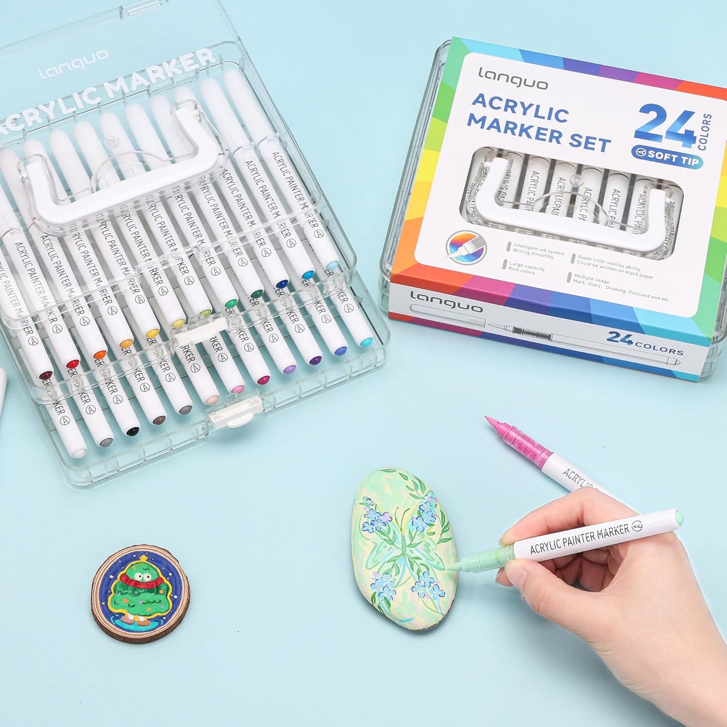 24 Colors Acrylic Paint Markers Pens Set, Soft Brush Tip Markers with Fast Drying & No-Bleed Ink, Acrylic Paint Pens for Rock, Wood, Egg, Ceramic, Fabric Painting, Art Supplies and DIY Crafts