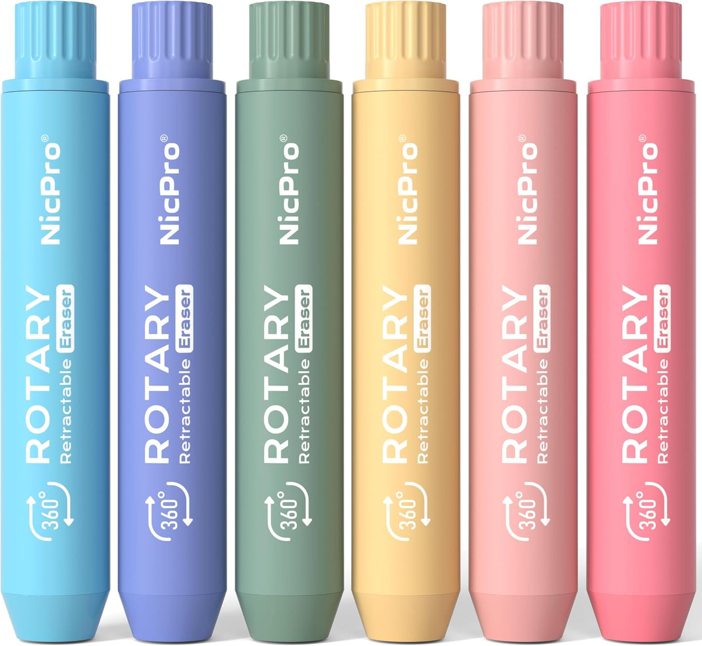Nicpro 6 Pack Rotary Retractable Erasers Pen Style, Aesthetic Pastel Twist Erasers in Rainbow Colors, Clean Erasing TPE Eraser for School Supplies, Office, Drawing & Journaling