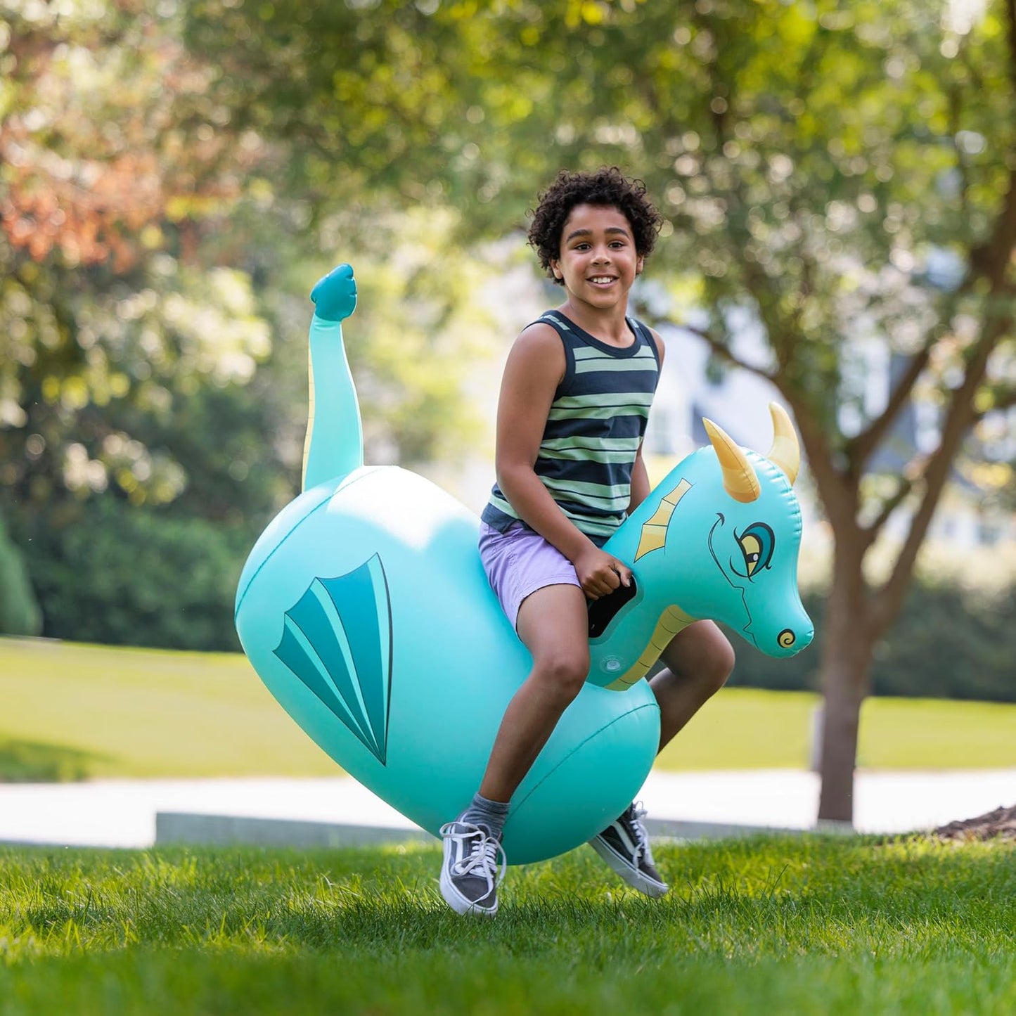 Hearthsong Hop N Go Inflatable Blue Dragon Bouncy Riding, Hopping Toys for Kids Ages 5+ - Ride On Bouncer Animal Hopper Jumping Toys for Outdoor Games