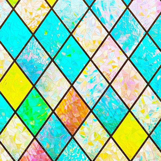 Colorful Stained Glass Window Film 3D Prism Sliding Door Privacy Covering Static Cling Church Tint Decorative Suncatcher Cover Decal No Glue Heat Cotrol Anti Glare Removable Home Office,35x78.7in.