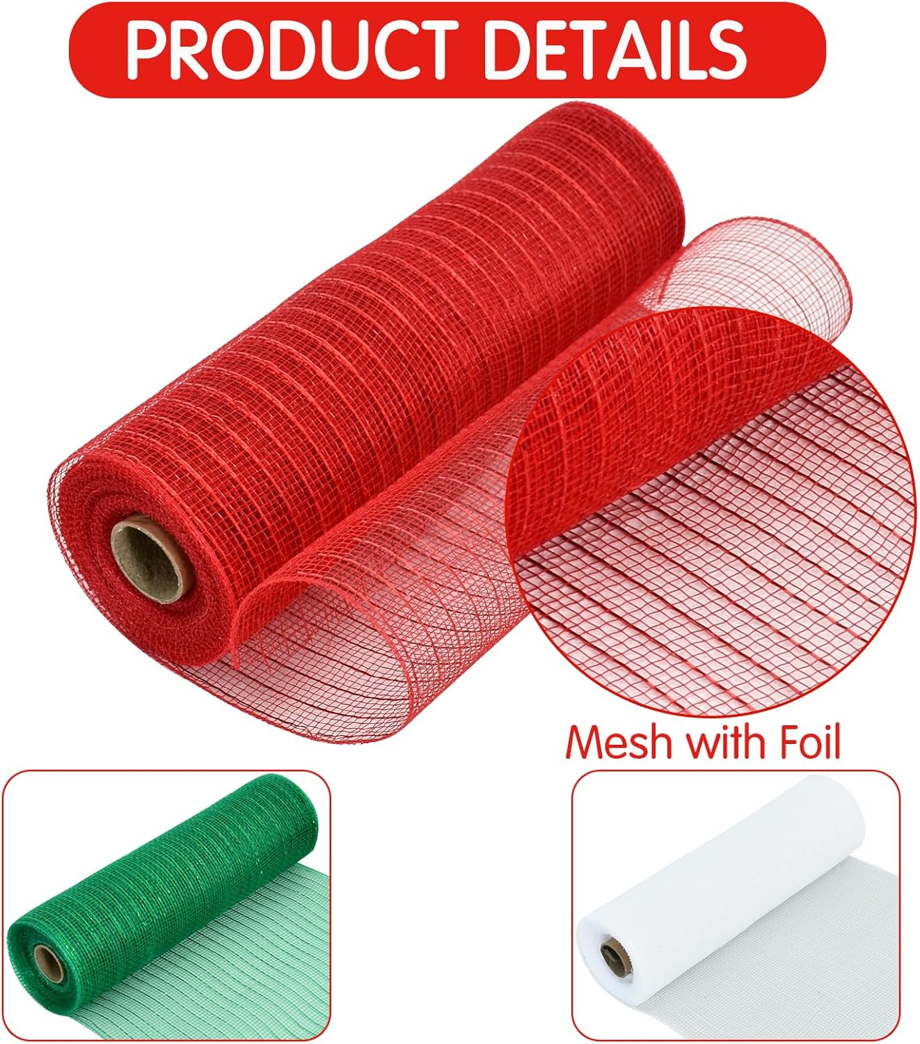 TONIFUL 3 Roll 10 Inch Red White and Green Decorative Mesh Ribbon Rolls, Fabric Mesh with Foil for Wreaths Front Door Decor Christmas Festival Party Accessories Party Decoration Supplies (10yds/roll