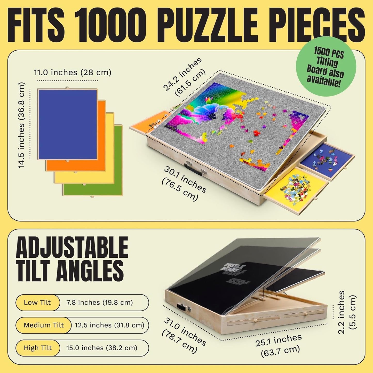 Puzzle Ready Jigsaw Puzzle Table with Drawers - 24x30 in, Wood, 1,000 Pc, 3 Angles - Color-Coded Puzzle Trays for 1,000-Pc Sorting - Tilt Angles for Jigsaw Workstation Table - Portable w/Handle