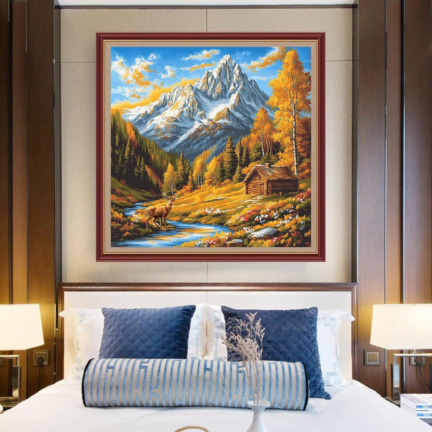 DMCXART Counted Cross Stitch Kits for Adults Needlepoint Kits Unprinted Cross Stitching Embroidery Kit 11CT Cross Stitch Supplies-Autumn Scenery Mountains Rivers 18x18 inch