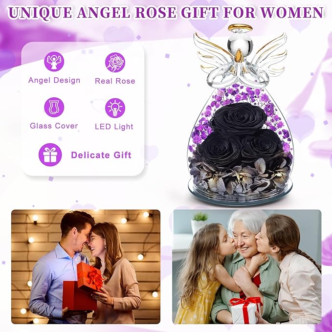 Beferr Valentines Day Rose Gifts for Her Women Mom Gifts for Birthday, Fresh Flowers for Delivery Forever Preserved Rose in Glass Angel Figurine, for Grandma Wife Daughter Girlfriend