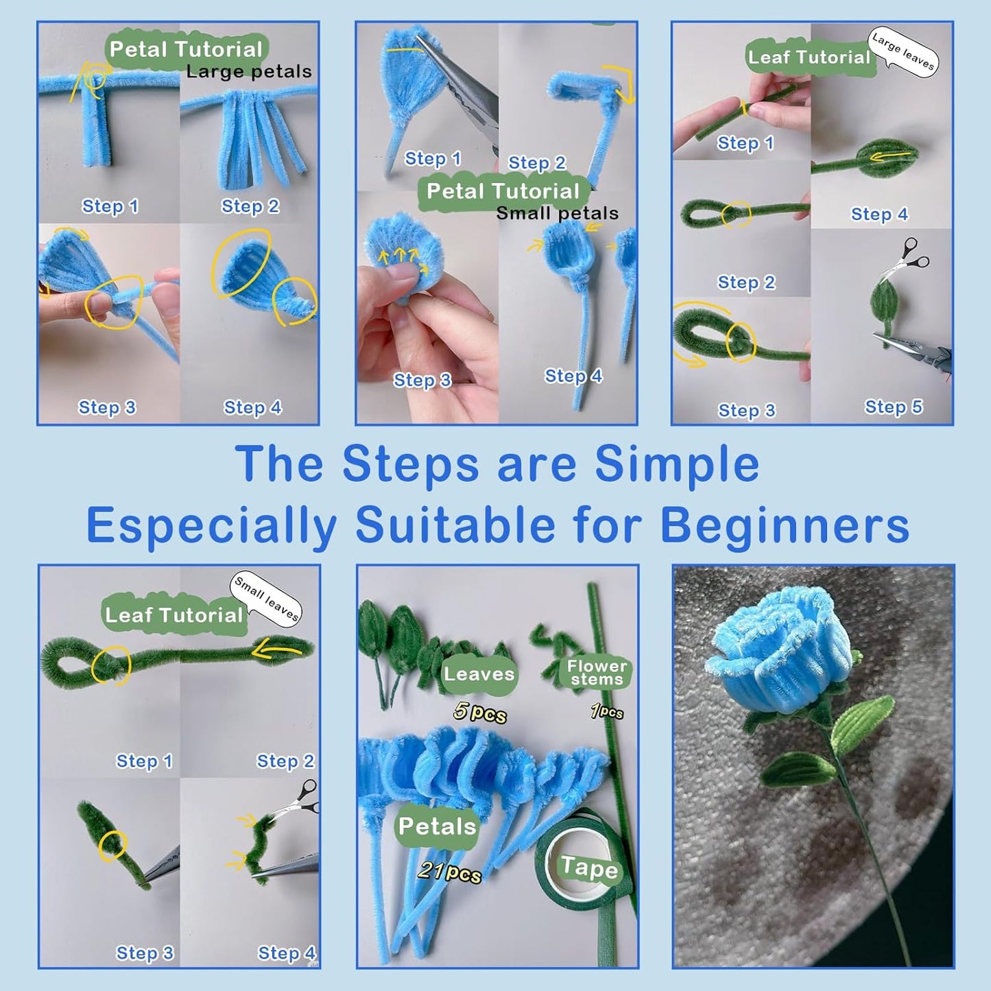 600Pcs Pipe Cleaners Craft,Multiple Assorted Colors Pipe Cleaners Bulk, Chenille Stems for DIY Flower Making Kit with Floral Wires, Gardening Tape,Stamen& Ribbon (Blue)