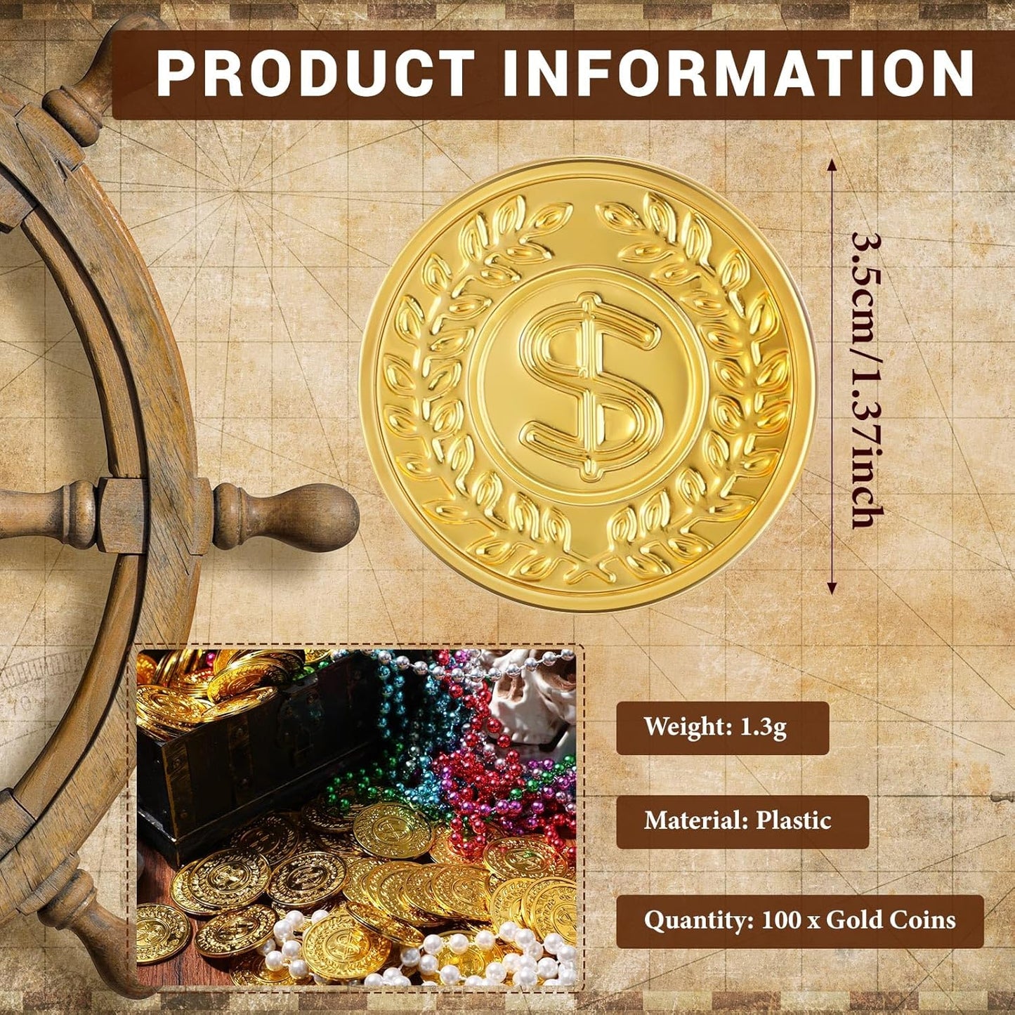 Hanaive 100 Pcs Plastic Gold Coins Fake Pirate Play Coins Spanish Doubloons St. Patrick's Toy for Kids Pirate Party, Treasure Hunt Board Game and Party Favors(Classic)