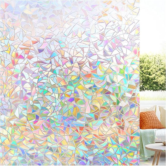 LUTE Window Privacy Film, Rainbow Window Film, 3D Decorative Stained Glass Cling, Non-Adhesive Vinyl Static Cling Removable Glass Stickers, Sun UV Blocking Decal Covering for Home, 17.5 x 118.1 inches
