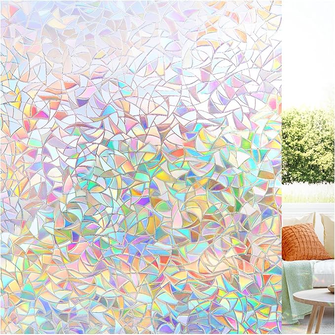 LUTE Window Privacy Film, Rainbow Window Film, 3D Decorative Stained Glass Cling, Non-Adhesive Vinyl Static Cling Removable Glass Stickers, Sun UV Blocking Decal Covering for Home, 17.5 x 157.4 inches