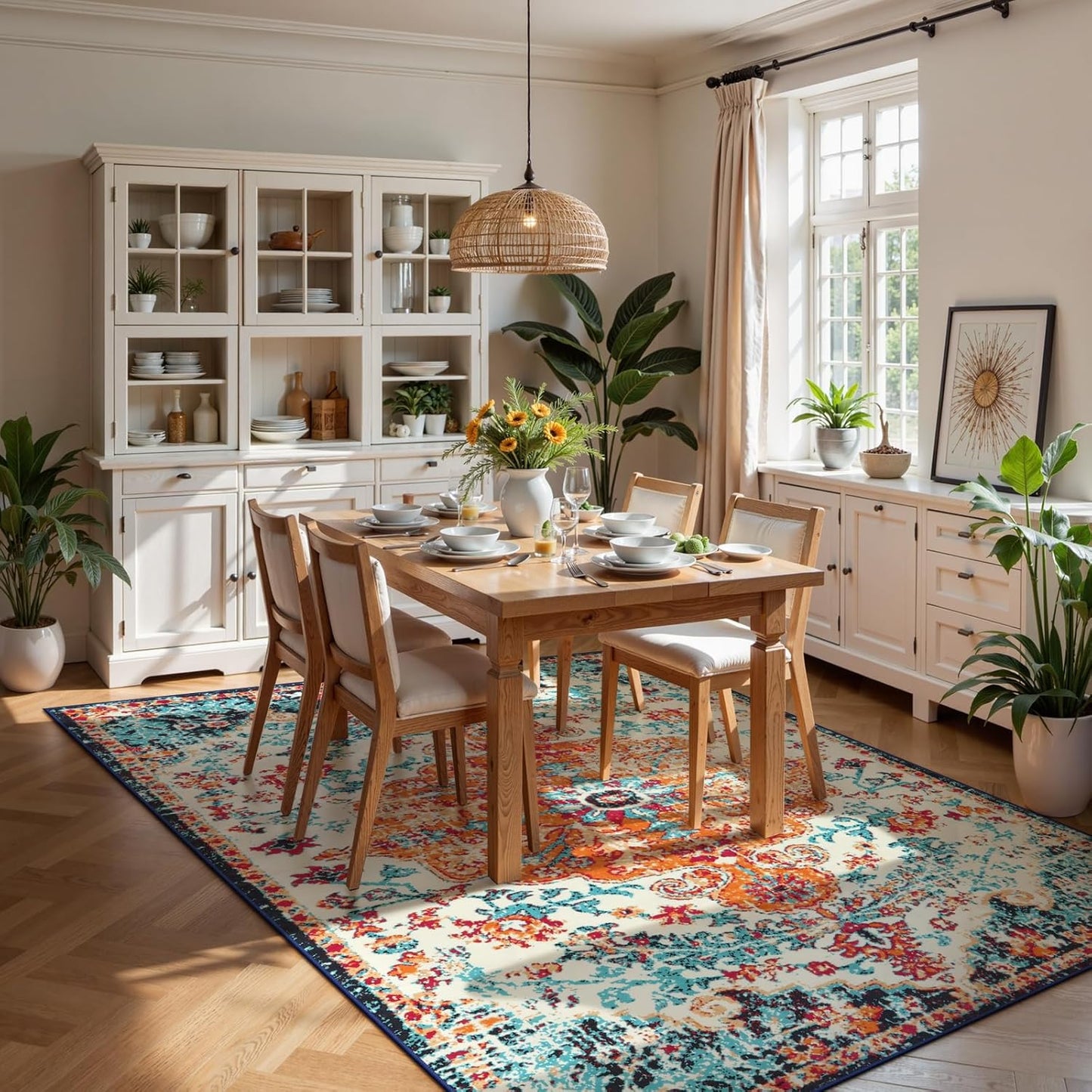 Lahome Boho Rugs for Living Room 8x10,Washable Orange Bedroom Area Rug Soft Low Pile Dining Room Rugs for Under Table,Vintage Thin Non Slip Printed Nursery Area Rug for Playroom Office(8x10ft Orange)