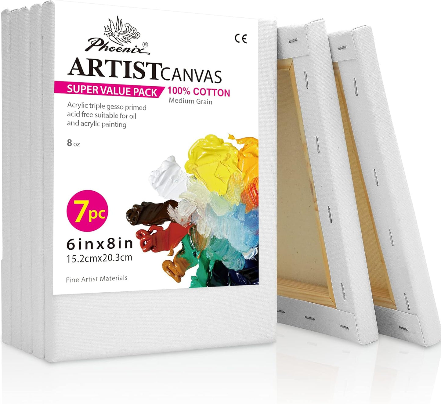 PHOENIX Stretched Canvas for Painting 6x8 Inch/7 Value Pack, 8 Oz Triple Primed 5/8 Inch Profile 100% Cotton White Blank Canvas, Small Framed Canvas for Oil Acrylic & Pouring Art