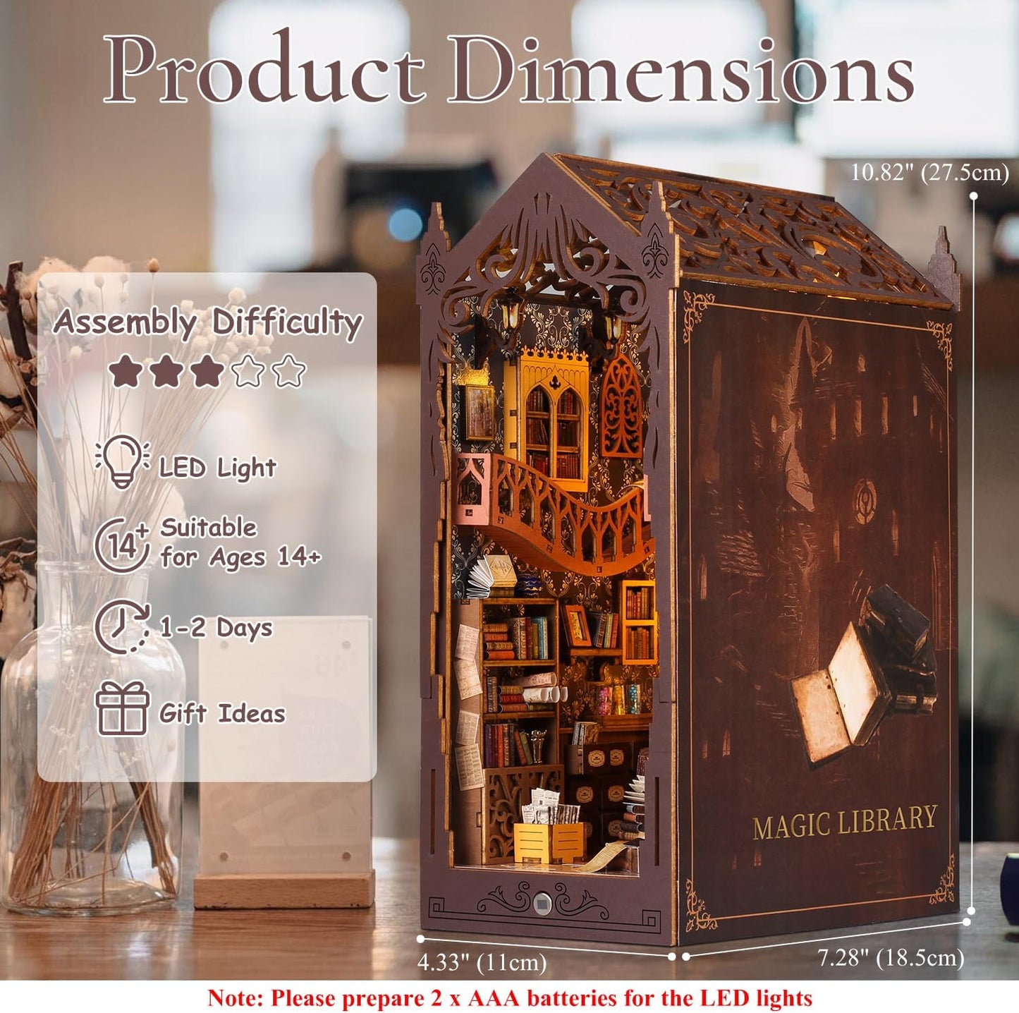 TuKIIE DIY Book Nook Miniature Kit, Booknook Dollhouse Bookshelf Insert with Sensor Light & Dust Proof, Wooden Decorative Bookend Stand Model Kits for Kids Teens Adults(Magic Library)