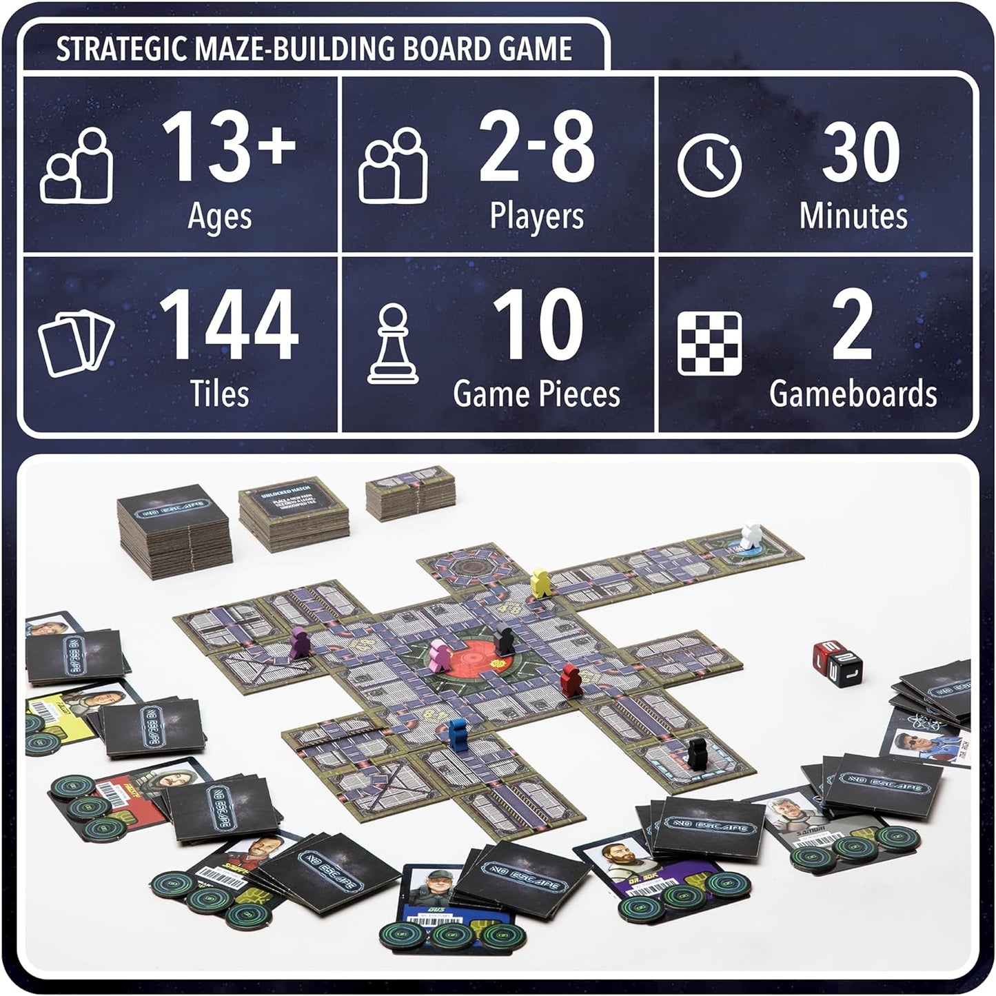 No Escape Board Game - Strategy Board Games for Adults, Family Games, Party Games. Unique Strategic Space Sabotage Traitor Maze Game with Tiles - Fun for Kids, Teenagers, Adults. 2 to 8 Players.