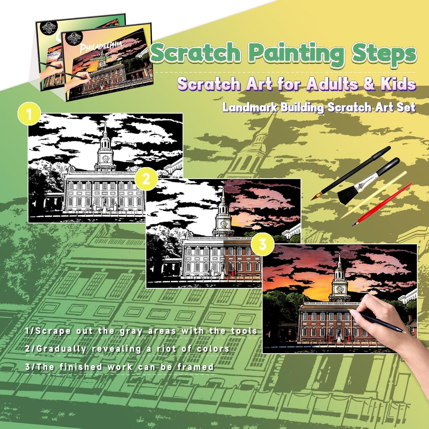 Scratch Art Painting Kit for Adults-8 Sheets A4 Rainbow Scratch Painting Paper Craft Set with City Landmarks|Stress Relief Gift for Travel&Craft Lovers|Scratch Art Home Decor(American Series)