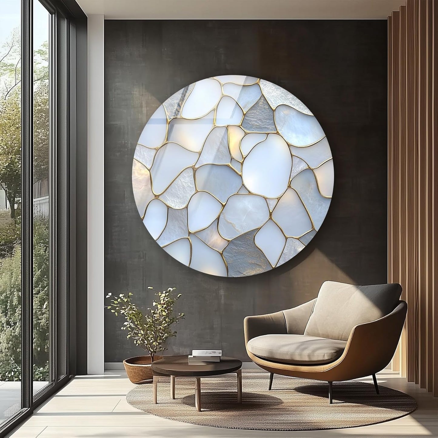 My Photostation.com 24''(60cm) Diameter White Stone Mosaic Round Glass Wall Art Tempered Glass Printing Wall Decor Large Wall Art Wall Hangings