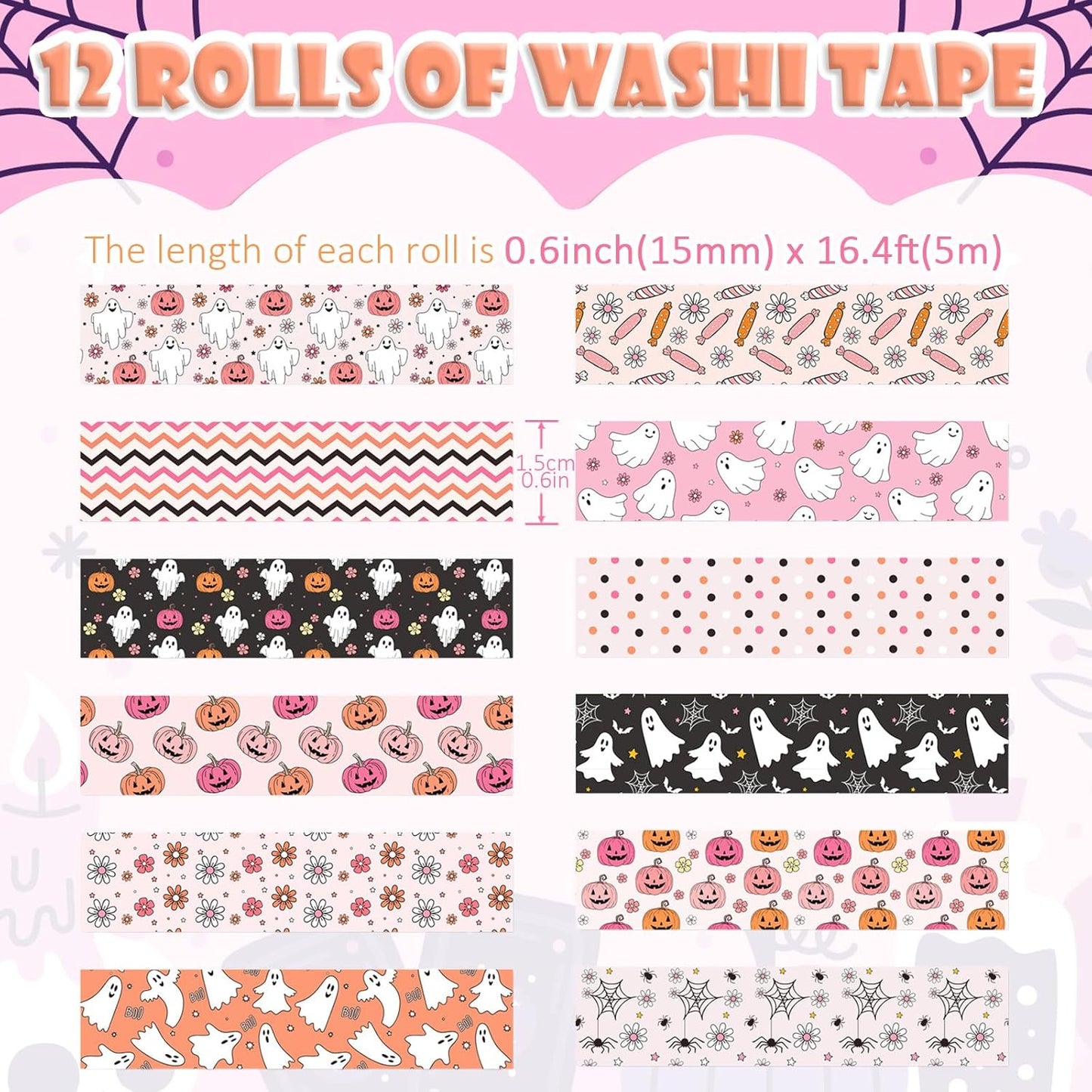12 Rolls Halloween Washi Tape, Cute Ghost Pumpkin Spiders Masking Tape Boho Holiday Decorative Tapes Set for Scrapbooking, DIY Crafts, Party Decor 16.4FT
