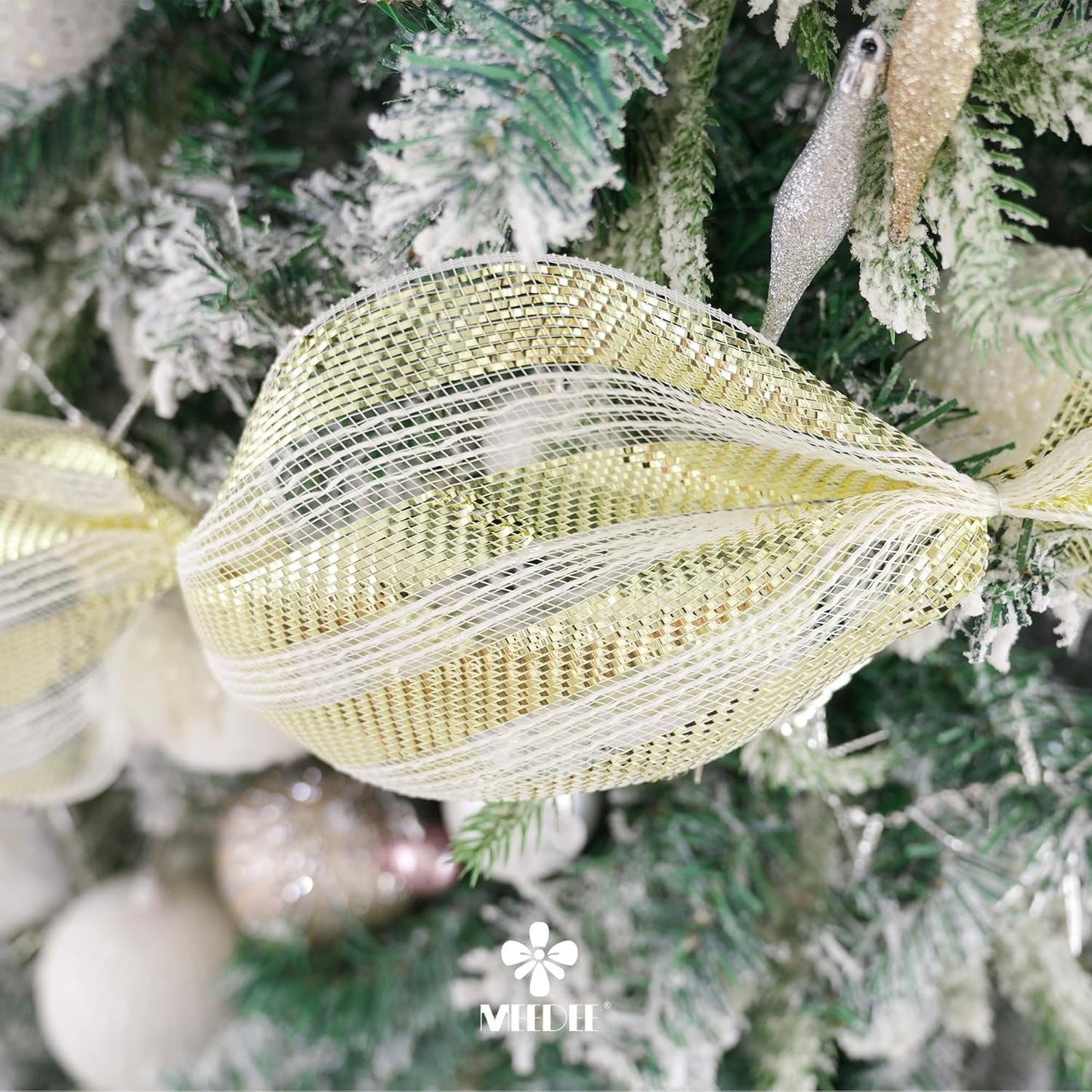 MEEDEE Cream Cotton & Deluxe Metallic Champagne Striped Deco Mesh - 30 Feet for Christmas Tree, Wreaths, Garland, Gift Wrapping, Bows Making