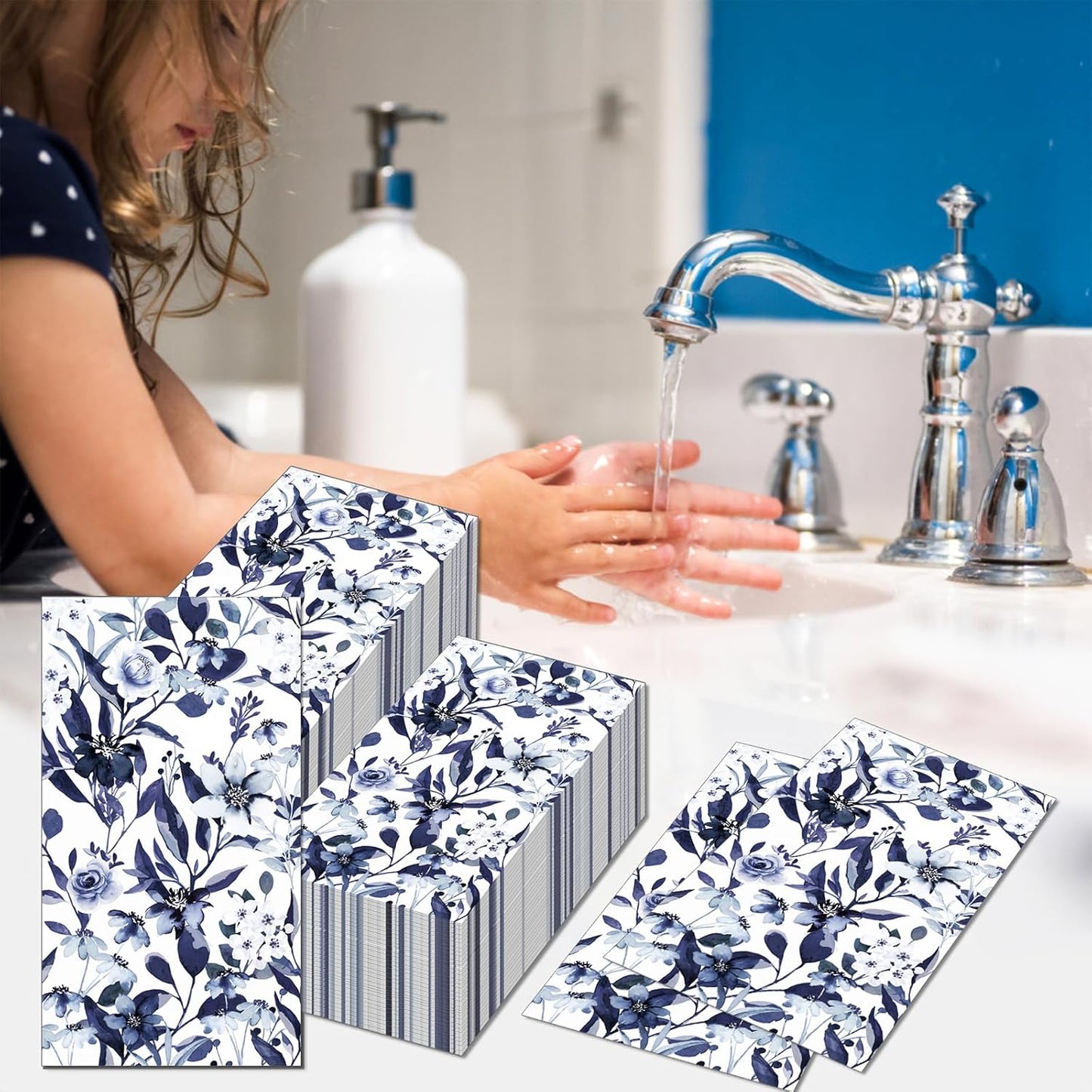 60 Pack 3 Styles Blue Floral Napkins for Decoupage Toile Napkins Flower Cocktail Decorative Paper for Birthday Party Beautiful Gorgeous, 12.9 * 15.7 inch