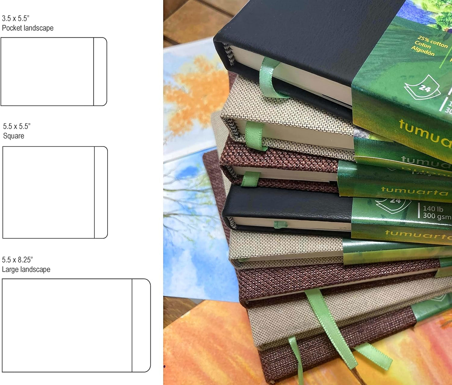 tumuarta Square Watercolor Journal, 5.5x5.5”, 140 LB, 300 GSM, Cotton Paper, Cold Press, 24 Sheets, 48 Pages, Watercolor Paper Notebooks for Use As Travel Sketchbooks Mixed Media Pad On The Go…