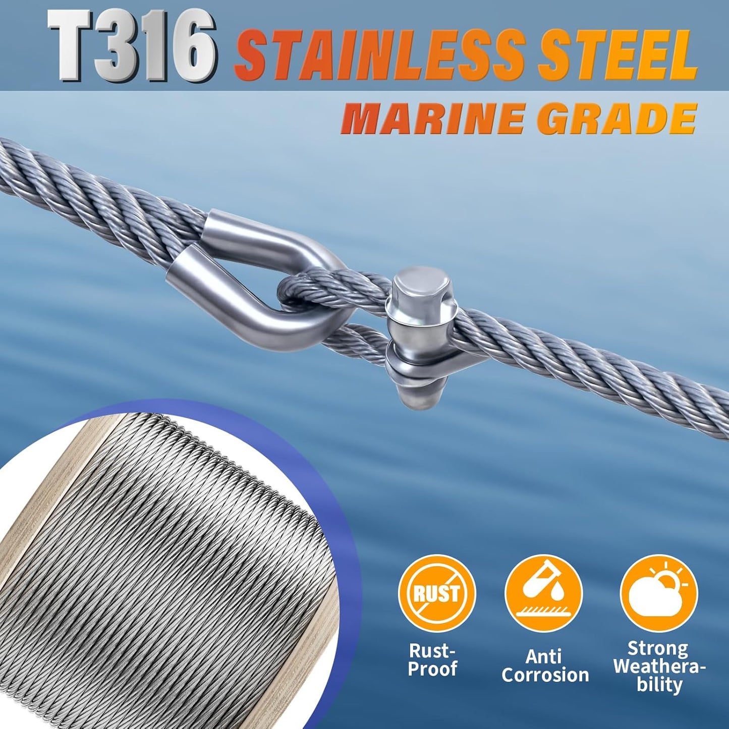 Stainless Steel Cable for Railing - 500FT 1/4" T316 Wire Rope - 7 x 19 Strands 6700 LBS Breaking Strength for Outdoor Deck Railing Zipline