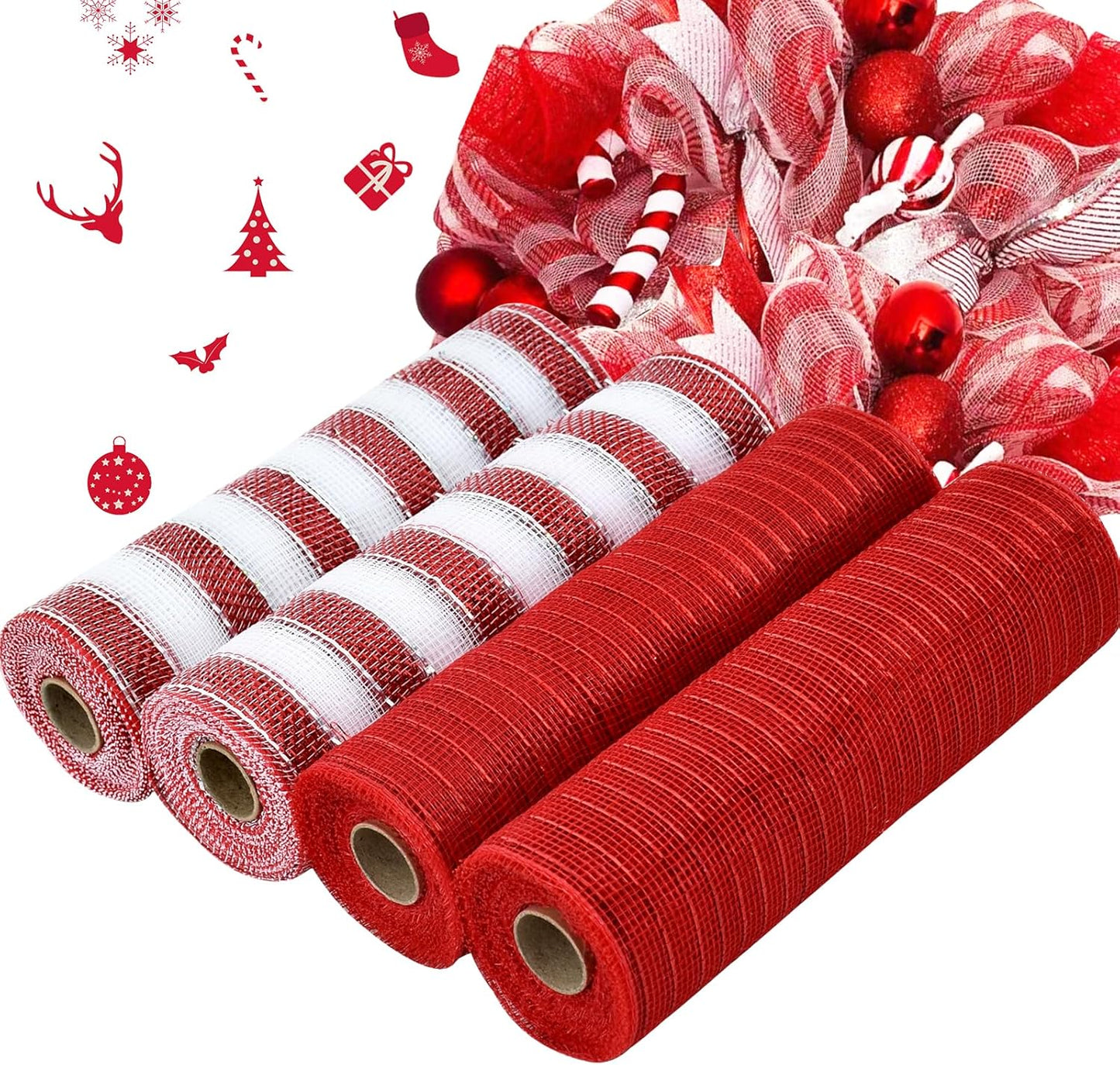 TONIFUL 4 Roll 10 Inch Red Striped Decorative Mesh Ribbon Rolls, Fabric Mesh with Foil for Wreaths Front Door Decor Christmas Festival Party Accessories Party Decoration Supplies (10yds/roll