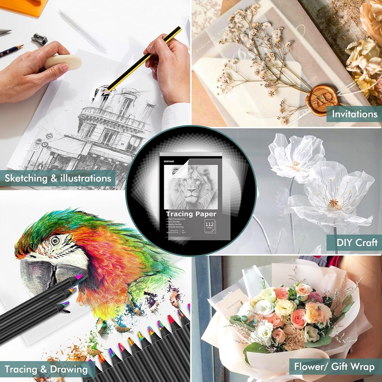 Tracing Paper 8.5x11 inch, 112 Sheets Transparent Vellum Paper for Tracing Pads, Translucent Tracing Paper for Pencil, Marker and Ink - Trace Images, Sketch, Preliminary Drawing, Overlays, Black