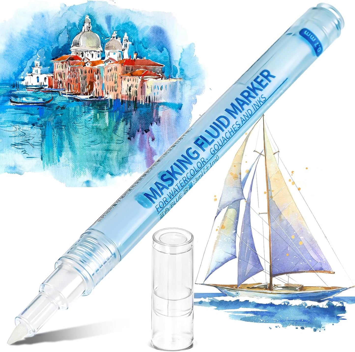 2 Pcs Masking Fluid Pen for Watercolor Painting, Capacity with Applicator Tip, Masking Fluid Marker for Various Art Projects Watercolor Ink (Blue,0.7mm)